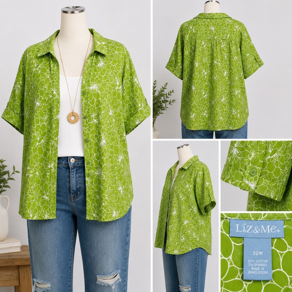 Liz & Me Green Floral Button Down Shirt Plus Size 32W Short Sleeve Cotton
